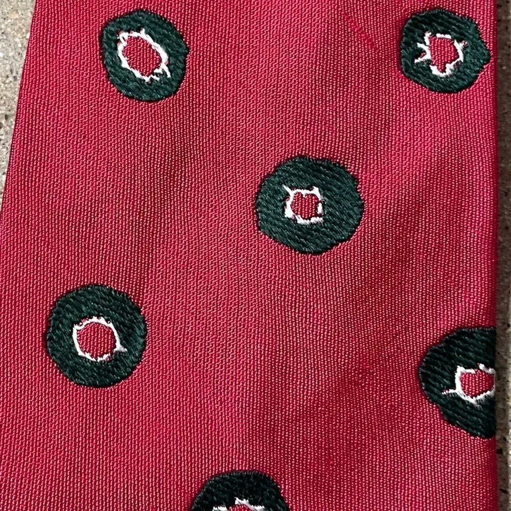 Yves Saint Laurent Vintage 100% Silk Red Christmas Tie w/Green Wreath Designs